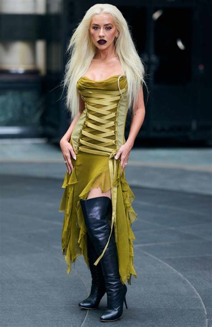 Christina Aguilera’s Purple Latex Dress & Lace Gloves – Photos – Hollywood Life