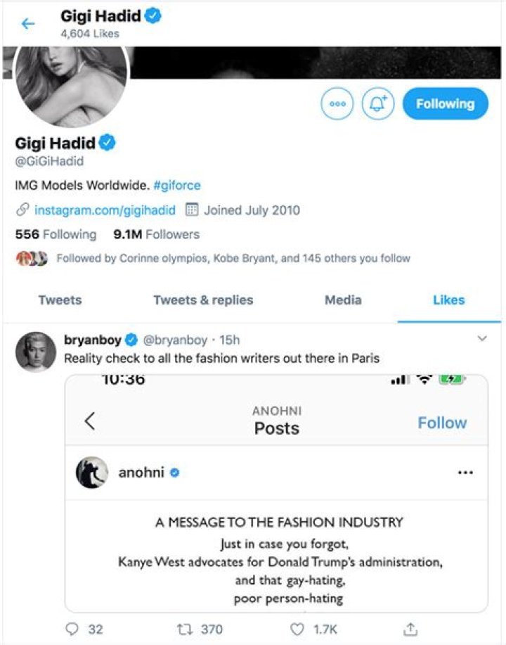 Gigi Hadid Shades Kanye West By Liking Tweet Dissing Him For Trump Support – Hollywood Life