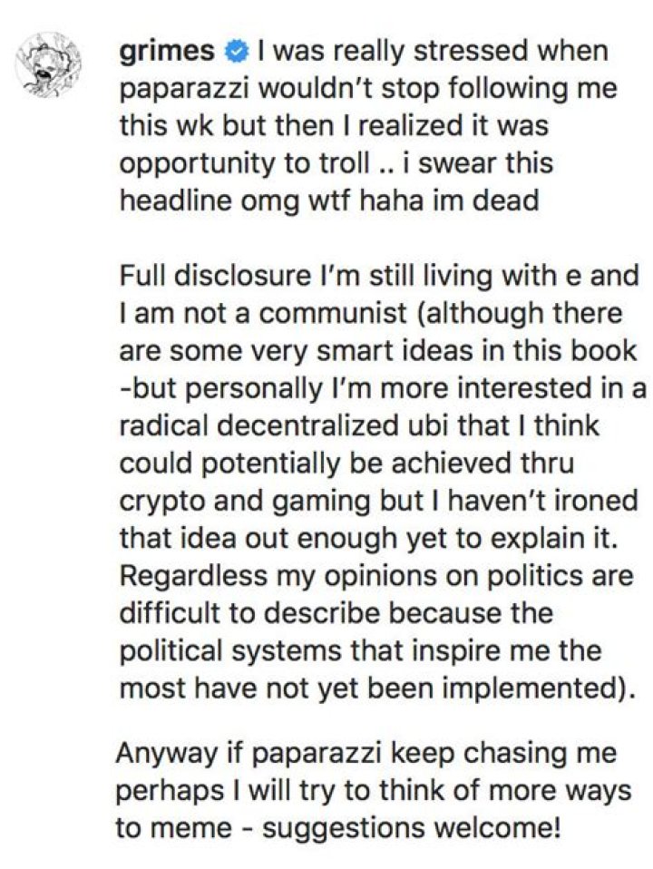 Grimes Says She’s ‘Still Living’ With Elon Musk & Admits She Was ‘Trolling’ With Karl Marx Book